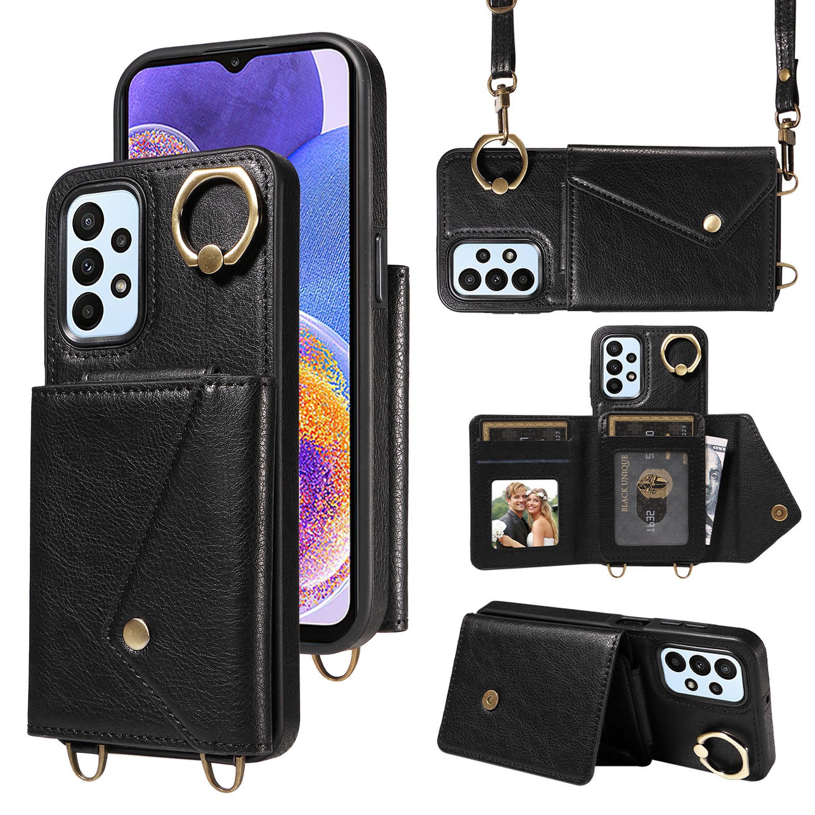 002 For Samsung Galaxy A23 4G A23 5G (Global Version) Back Cover Card Bag Ring Kickstand Litchi Texture Leather Coated TPU Phone Case with Shoulder Strap 002 For Samsung Galaxy A23 4G A23 5G (Global Version) Back Cover Card Bag Ring Kickstand Litchi Texture Leather Coated TPU Phone Case with Shoulder Strap